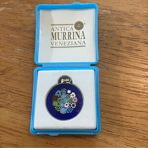 Antica Murrina Veneziana Vintage Blue Flower Murano Glass Silver Clasp Pendant